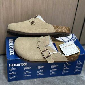Birkenstock Boston Narrow | Wide Suede Leather Women Men Taupe Shoes